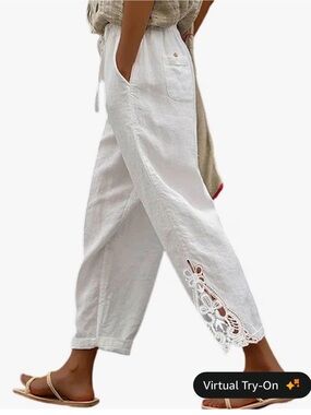 Women's White Cropped Linen Pants with Lace Hem Detail